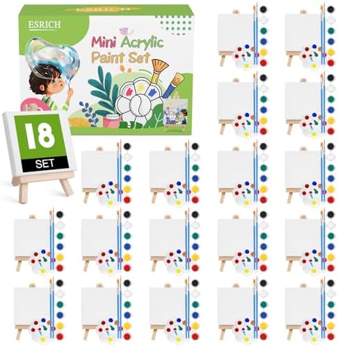 ESRICH 18 Set Mini Acrylic Paint Kit, Mini Stretched Canvas with Easel by ESRICH