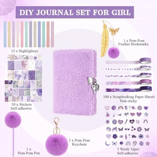 Janlaugh DIY Journal Diary with Lock Pack Scrapbook Kit, Purple, Plush - Image 2