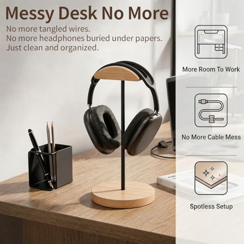 Headphone Stand Nature Wood & Metal Headset Hanger Mount Hook Gaming Holder Desktop Earphone Artful Functional Craftmanship Stand for All Headsets with Solid Wooden Base - Image 2