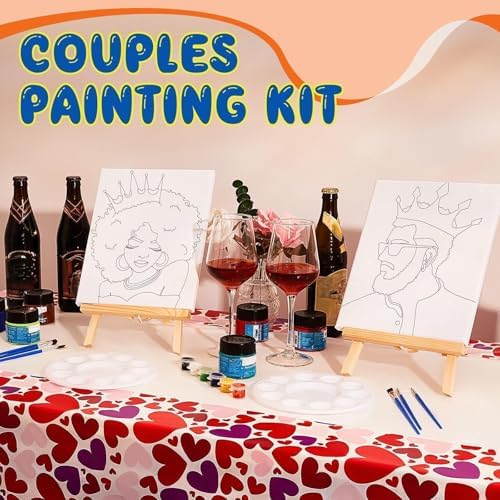 Yeaqee 13 Pcs Sip and Paint Kit for Adults Stretch Canvas Date Night Valentines Painting Kit Supplies Art Painting Set Outline Design Blank Stretch Canvas for Couple Party(Afro King Queen,8x10) - Image 5