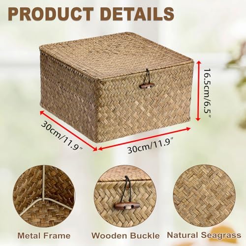 Hipiwe Seagrass Wicker Storage Basket Bin Boxes with Lid, Coffee, X-Large - Image 3