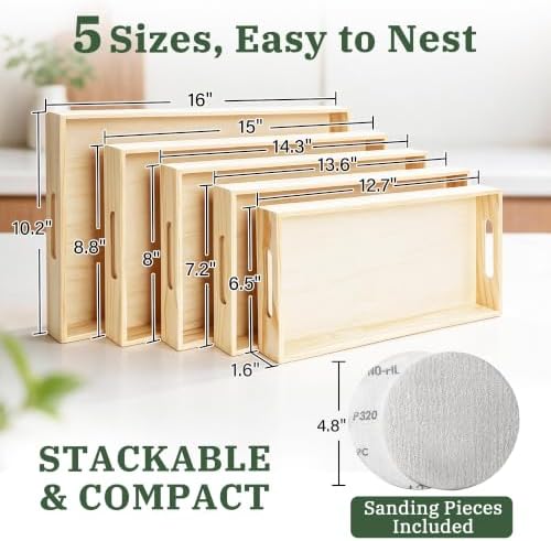 LotFancy Wooden Nested Serving Trays, Set of 5, for Craft and Decor - Image 2