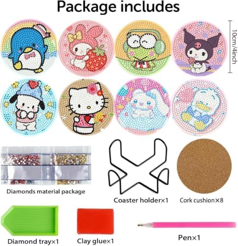 8Pcs Diamond Art Painting Coasters Beginners with Holder,DIY Cartoon Life Coaster Diamond Art Kits for Adults Kids, Small Mini Kit Round Full Drill Diamonds Art Craft Supplies 4X4 Inch - Image 2