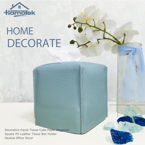 HOMOTEK 2 Pack Tissue Box Cover, Square PU Leather Tissue Holder, Decorative Facial Tissue Cube Paper Organizer Dispenser for Bathroom, Night Stands, Desk, Car 5X5X5'' - Aqua Blue, Pebble Grain - Image 3