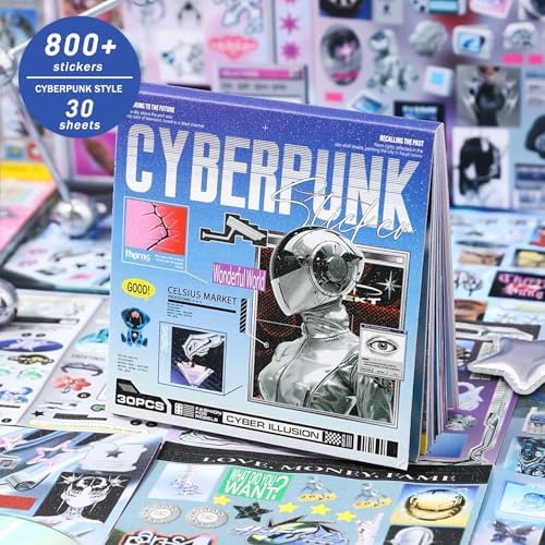 Sticker Book for Junk Journal Supplies, Cyberpunk Retro Futuristic 30 Sheets DIY Scrapbook Stickers with Glitter Glossy Matte Foil, 125x125mm Blue, for Scrapbooking Journaling - Image 4
