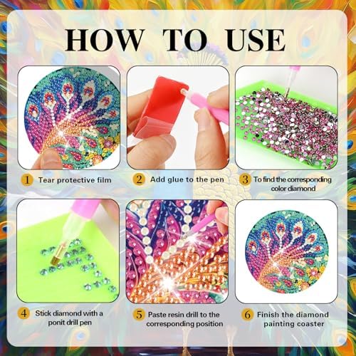 Demonwer 8 Pcs Diamond Art Painting Coasters Kits Cute Peacocks Diamond Art Coasters with Holder DIY Diamond Animal Coaster for Beginner Adults Home Table Craft Gift Supplies - Image 3