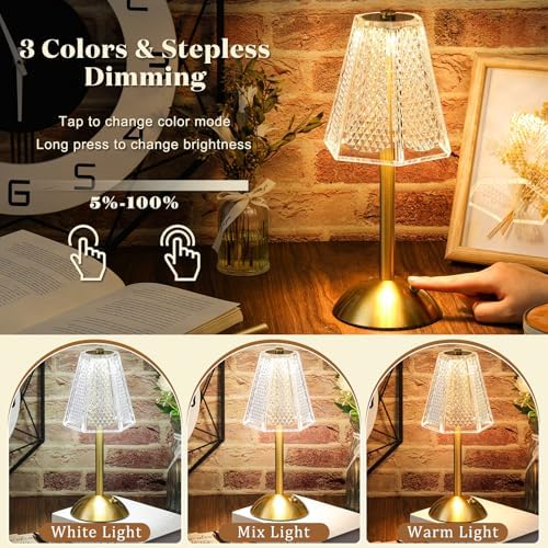 Liliful 2 Pcs Cordless Table Lamp LED Touch, Gold, Hexagonal Diamond Style - Image 4