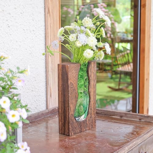 Wood and Glass Inlay Vases Farmhouse Wooden Glass Flower Vase Solid Wood Glass Vase Home Decor Vases for Centerpiece (9.45 Inches) - Image 2