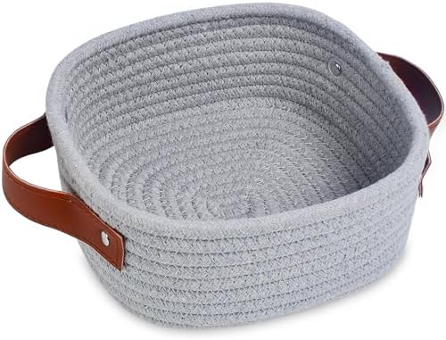 ABenkle Small Storage Basket, Mini Baskets, Cute Rope Woven Baskets for Organizing, Square Shelf Storage with Handle, Boho Decorative Toy Bin for Nursery, Spa, Empty Gift Basket - XS,Grey by ABenkle