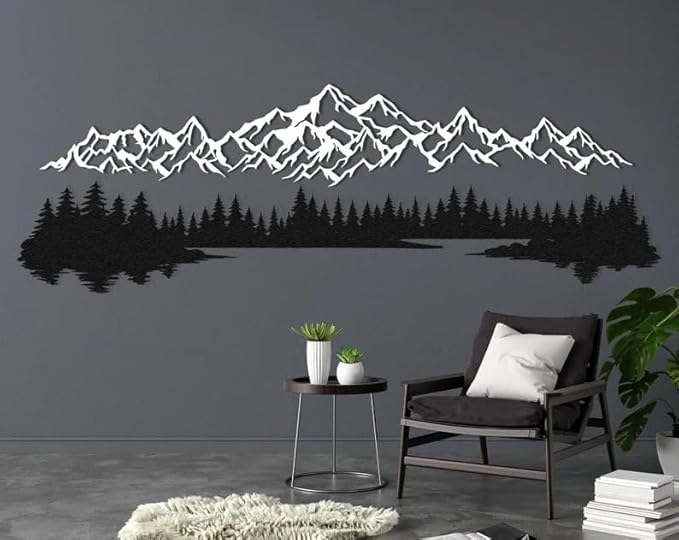 NORTH KAISER Metal Wall Art - Mountain & Forest Metal Wall Decor - Large Wall Sculpture for Rustic Home Living Room Bedroom Indoor/Outdoor (White, 29.5'' x 9.8'' / 75 x 25 cm)