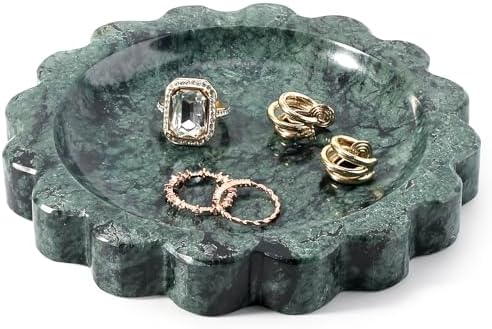 Koville 5.51" Scalloped Marble Tray, Round Stone Jewelry Trinket Dish for Ring, Natural Small Marble Tray for Bathroom Kitchen Dresser Countertop, Decorative Candle Tray(Green) by Koville