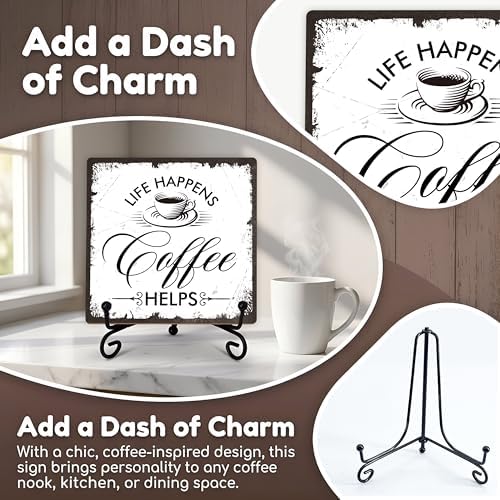 Coffee Bar Sign, Life Happens Coffee Helps Sign, Coffee and Tea Lover Gifts, 5x5 Wood Plaque with Iron Stand for Home Kitchen Cafe, Coffee Bar Decor – A08 - Image 3