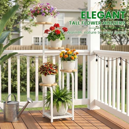 TOSKING Tall 5-Tier Wood Plant Stand Indoor, Cloud Shelves, Oak & White - Image 6