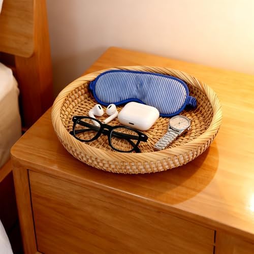 Handwoven Rattan Small Key Bowl - 7.6 Inch Round Catch All Tray for Keys,Coins, Wallet, Jewelry - Natural Wicker Organizer for Entryway, Desk, Nightstand - Image 3