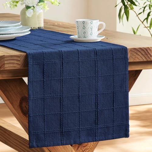 ZeeMart Linen Checked Farmhouse Table Runner, 13x90 Inches Navy Blue - Image 4