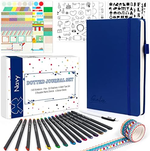 feela Dotted Journal Kit, Dot Grid Journal Hardcover Planner Notebook Set For Beginners Women Girls Note Taking with Journaling Supplies Stencils Stickers Pens Accessories, A5, 224 Pages, Navy by feela