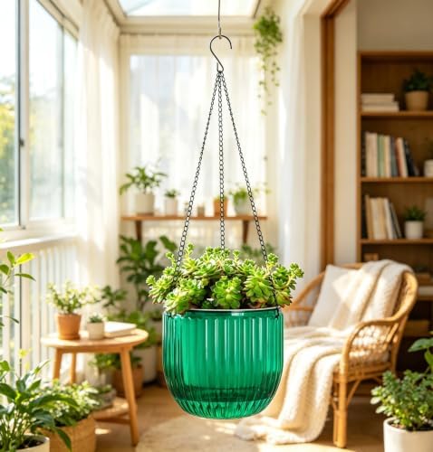 Melphoe 2 Pack Self Watering Hanging Planters Indoor Flower Pots, 8.3 Inch Outdoor Hanging Basket, Plant Hanger with 3Hooks Drainage Holes for Garden Home (Emerald) - Image 3