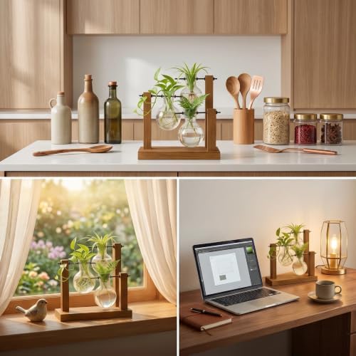 Plant Propagation Station, Wooden Stand with 3 Glass Vases - Image 5