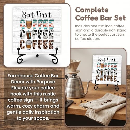 Coffee Bar Sign, But First Coffee Sign, Coffee Lover Gifts, Coffee-Themed Decor, 5x5 Wood Plaque with Iron Stand for Home, Kitchen or Cafe – A10 - Image 7