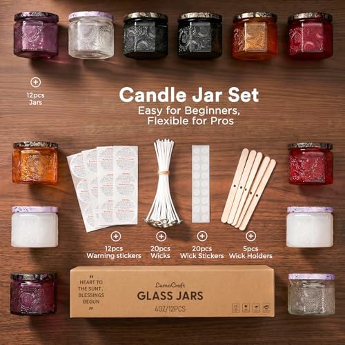 LumaCraft 12 Pack 4oz Glass Candle Jars with Lids, Hexagon Embossed Candle Making Containers, Empty Candle Jars with 20 Wicks & Labels for DIY Candle Making, Party Favors, Home Decor - Image 2