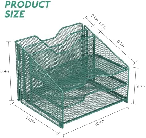 Samstar Green Desk File Organizer, Mesh Letter File Folder Holder with 3 Paper Trays and 2 Vertical Upright Section, for Office Supplies, Desk Accessories & Workspace, Green - Image 3