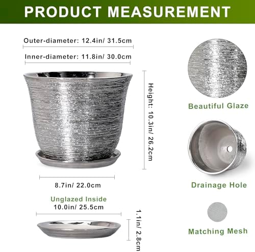 Ceramic Planter, 12 Inch Pots for Plants Indoor, Silver - Image 2