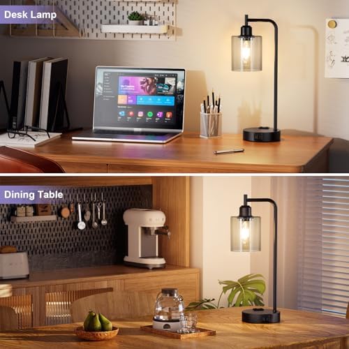 Innqoo Industrial Touch Bedroom Lamps for Bedrooms Set of 2-3-Way Dimmable Table Lamps with USB C+A Ports and Outlet, Bedside Lamps with Gray Glass Shade for Living Room, Desk Lamps for Home Office - Image 6