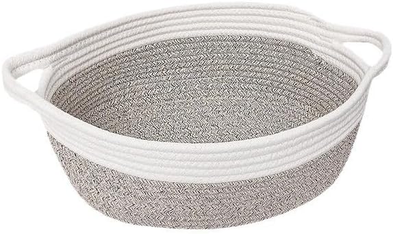 Woven Cotton Rope Storage Basket with Handle, Round Home Storage Basket for Home Organization and Gift Organizer, Home Organizer, Bedroom, Living Room, 12 x 8 x 5 Inch (Brown White) by Unknown
