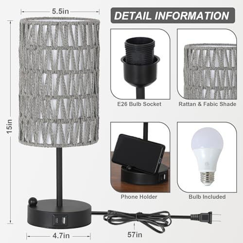 Touch Bedside Lamp For Bedroom with Bulb, Gray Boho Small Table Lamp For Living Room With Rattan & Linen Shade, 3 Way Dimmable Table Lamp For Nightstand With USB Charging Port & Phone Stand For Office - Image 2