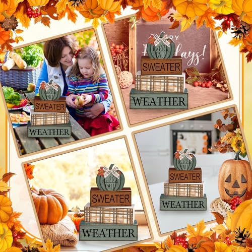 Moucuny 4 Pcs Fall Table Decor Neutral Sage Green Pumpkin Wooden Sign - Image 5