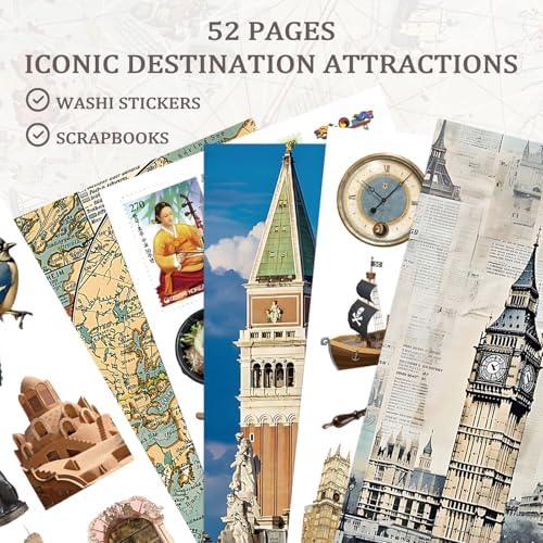 Bomichi Travel Sticker Book, 32 Sheets 377 Pcs Vintage Aesthetics Stickers & 20 Sheets Washi Paper for Journaling Scrapbooking Bullet Journals Planners Letter Card Making - Image 3