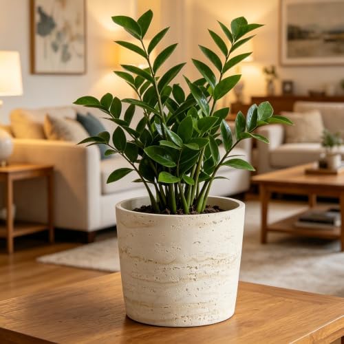 Ekirlin 7 Inch Natural Travertine Textures Plant Pot, Resin Outdoor Planter with Drainage Hole, Removable Rubber Stopper and Non-Slip Soft Pad,Weatherproof Decorative Pot for Indoor/Garden Plants - Image 6