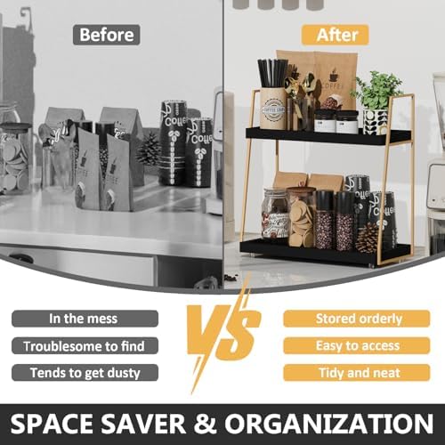 Coffee Bar Accessories, Black Gold Coffee Station Organizer for Countertop Decor, 2 Tier Large Wooden CoffeeBar Shelf for Office, Breakroom, Bathroom - Image 4