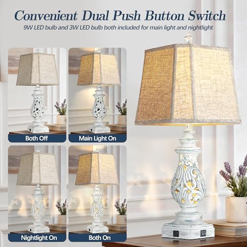 PARTPHONER 29" Table Lamps Set of 2, Bedside Lamps with USB A+C Ports & Night Light, Farmhouse Nightstand Lamps with Linen Fabric Shades for Bedroom Living Room, Washed Blue (LED Bulbs Included) - Image 3