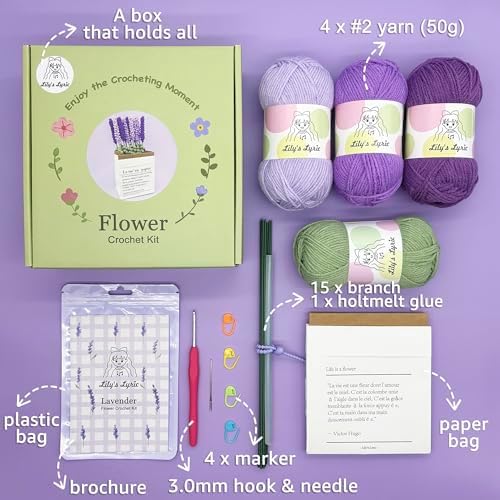 Lily's Lyric Flower Crochet Kit | Lavender Flower with Paper Bag| Step-by-Step Video Tutorial for Adults Teenagers | Craft Gift Idea DIY Home Decoration Purple - Image 3