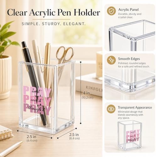Inspirational Pen Holder - Pray on it, Pray over it, Pray through it Acrylic Desk Organizer, Christian Gifts for Women, Religious Office Decor, Makeup Brush Cup, Prayer Room Accessory, Clear - Image 2