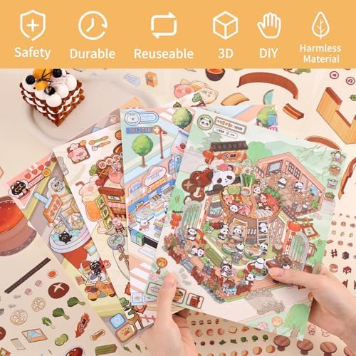 Girls 3D Miniature Scene Stickers, 4 Sets Mini Stores DIY House Stickers for Burger, Hot Pot, Convenience Store, Breakfast, Cute 3D Cartoon Scene Stickers for Adult Kids Relief Stress Pass The Time - Image 2