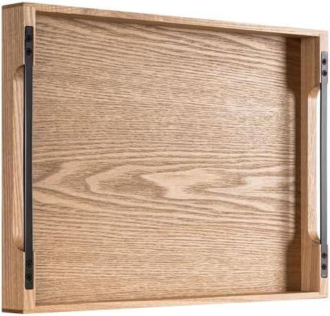 Axeman Wooden Serving Tray with Metal Handles|Ottoman Tray for Breakfast, Bed, Couch|17x13in Ash Wood Coffee Table Trays|Food Drinks Decorative Storage Boards for Ottoman Kitchen, Natural by Axeman