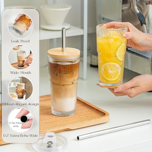 KEMORELA 20oz Ribbed Glass Tumblers with Bamboo Lids & Straws, Boba Cups - Image 3