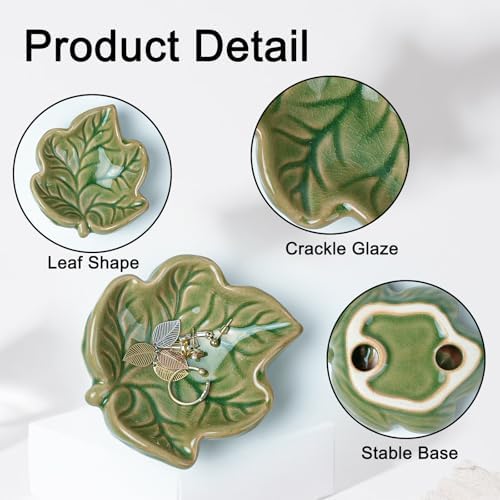 3.5' Green Leave Ceramic Jewelry Tray Set of 2 for Dressing Table - Image 3