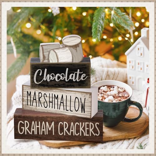 Moucuny 4 Pcs Wooden Block Signs Farmhouse Table Tiered Tray Smores Theme - Image 6
