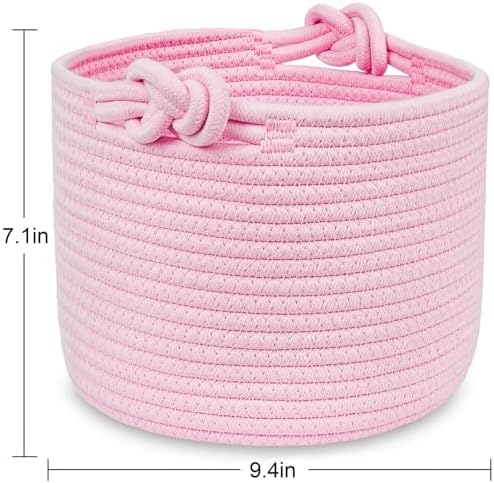 ABenkle Small Woven Basket, Cotton Rope Shelf Storage Basket, Small Round Basket, Cute Basket, Decorative Round Bin for Nursery Bedroom Bathroom, 9.4" x 9.4"x 7.1" Empty Gift Basket- Pink - Image 6