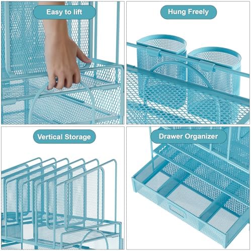 Marbrasse Desk Organizers, 4-Tier Mesh Desk File Organizer with 5 Vertical File Holders and 2 Pen Holders, Multifunction Desktop Organizer,Desk Organizers and Accessories for Home Office (Blue) - Image 2