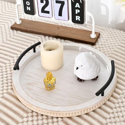 SwallowLiving White Wooden Beaded Serving Tray with Handle Decorative Rustic Whitewashed Tray for Coffee Table Farmhouse Round Tray for Kitchen, Living Room and Bedroom - Image 6