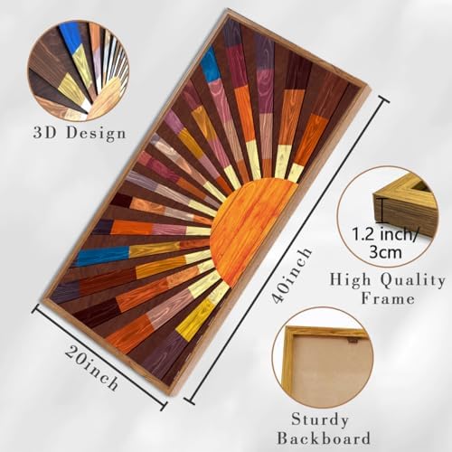 IARTTOP Extra Large Wood Sun Framed Wall Art 20x40 Inch Boho Sunrise 3D Geometric Wall Decor Mid century Sunshine Painting for Living room Bedroom Dining room Single - Image 4