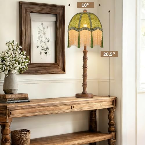 ILLMTW Vintage Table Lamp for Bedroom Living Room,Fringe Bedside Lamps Dimmable Boho Bedroom Lamp with Flower Green Lamp Shade,Mid Century Retro Tassel Unique Wood Small Nightstand Lamp Tiffany Decor - Image 4
