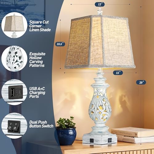 PARTPHONER 29" Table Lamps Set of 2, Bedside Lamps with USB A+C Ports & Night Light, Farmhouse Nightstand Lamps with Linen Fabric Shades for Bedroom Living Room, Washed Blue (LED Bulbs Included) - Image 2