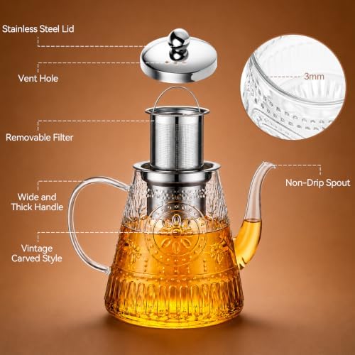 1500ml/52oz Large Glass Teapot, Zpose Vintage Tea Pot with Infuser for Loose Tea, Stovetop Glass Tea Kettle with strainer for 6-7 Cups - Image 6