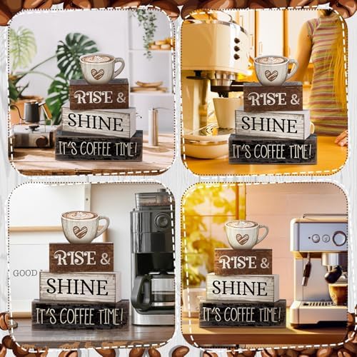 Moucuny 4 Pcs Farmhouse Coffee Bar Sign Decor Wooden It's Coffee Time Sign - Image 5