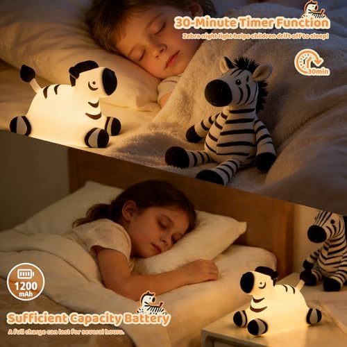 Zebra Silicone Night Light, Kawaii LED Cute Bedside Night Lights Dimmable Touch Control USB Rechargeable Squishy Lamp with Timer for Bedroom Animal Decor Adults Birthday Gifts Party Travel - Image 4